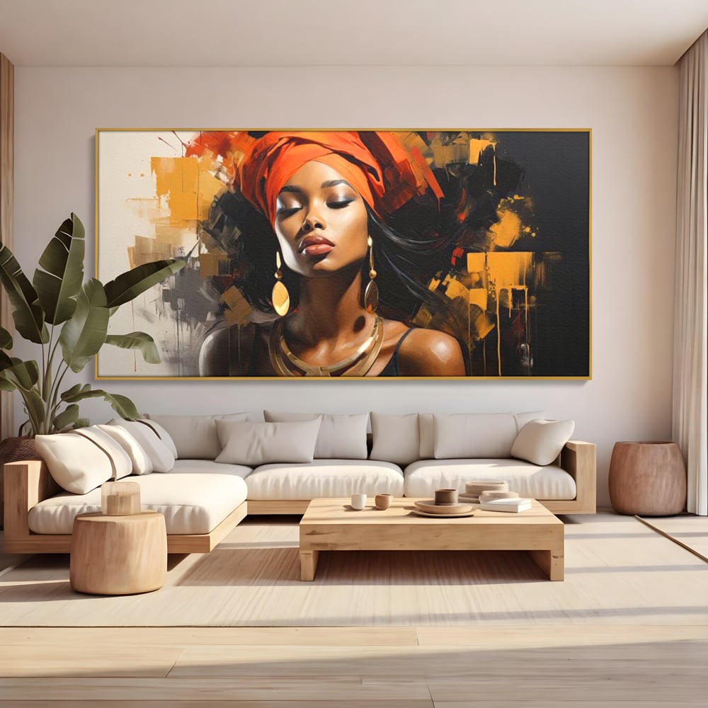 Tablou canvas cu tablou canvas cu femeie si turban, in rama de aluminiu auriu, pe perete intr-un living